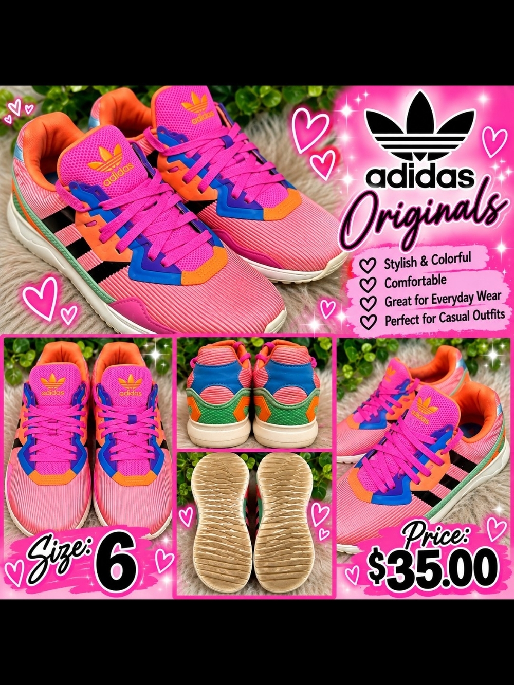 adidas Originals FLEX-Hyper POP Pink, Orange & Blue Women's Fashion Sneakers 6W